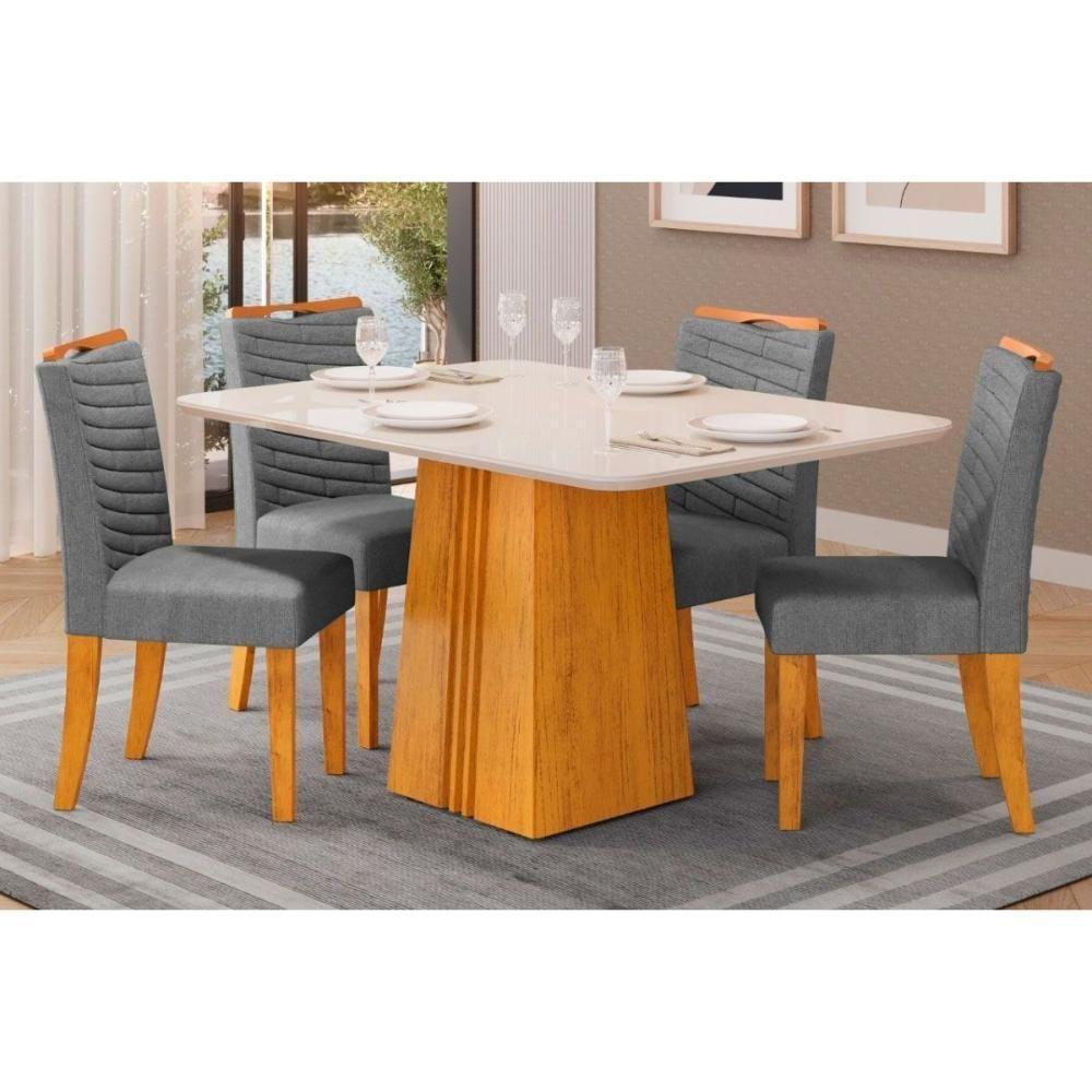 Sala de Jantar Completa Italia Tampo Madeirado c/ Vidro 120x90cm e 4 Cadeiras Julia Cedro/Off White - Suede Lunar - DJ Móveis - 1