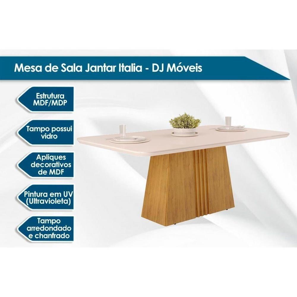 Sala de Jantar Completa Itália Tampo Madeirado c/ Vidro Curvo 170x90cm e 6 Cadeiras Ondina Cedro/Off White - Suede Lunar - DJ Móveis - 2