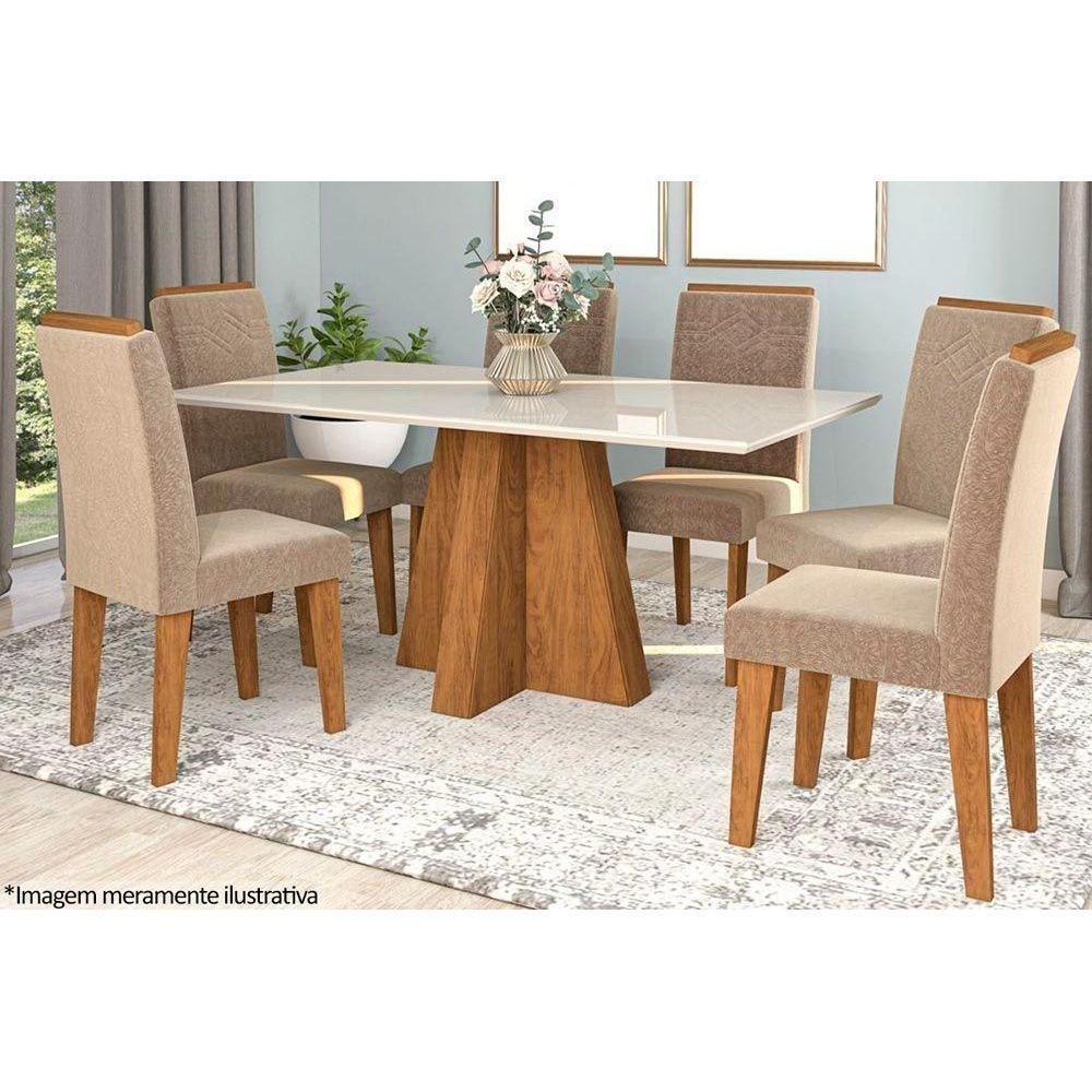 Sala de Jantar Completa Patricia c/ Tampo Madeirado c/ Vidro Canto Reto 160x80cm e 6 Cadeiras Taís Savana/Nature-Suede Pluma/Joli Capuccino - Cimol - 1