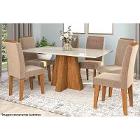 Sala de Jantar Completa Patricia c/ Tampo Madeirado c/ Vidro Canto Reto 160x80cm e 6 Cadeiras Taís Savana/Nature-Suede Pluma/Joli Capuccino - Cimol - 1