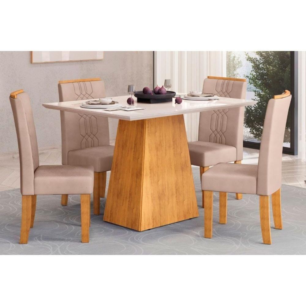 Sala de Jantar Completa Dulce Tampo Madeirado c/ Vidro Reto 120x90cm e 4 Cadeiras Zoe Cedro/Off White - Suede Creme - DJ Móveis - 1