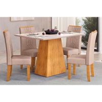 Sala de Jantar Completa Dulce Tampo Madeirado c/ Vidro Reto 120x90cm e 4 Cadeiras Zoe Cedro/Off White - Suede Creme - DJ Móveis - 1