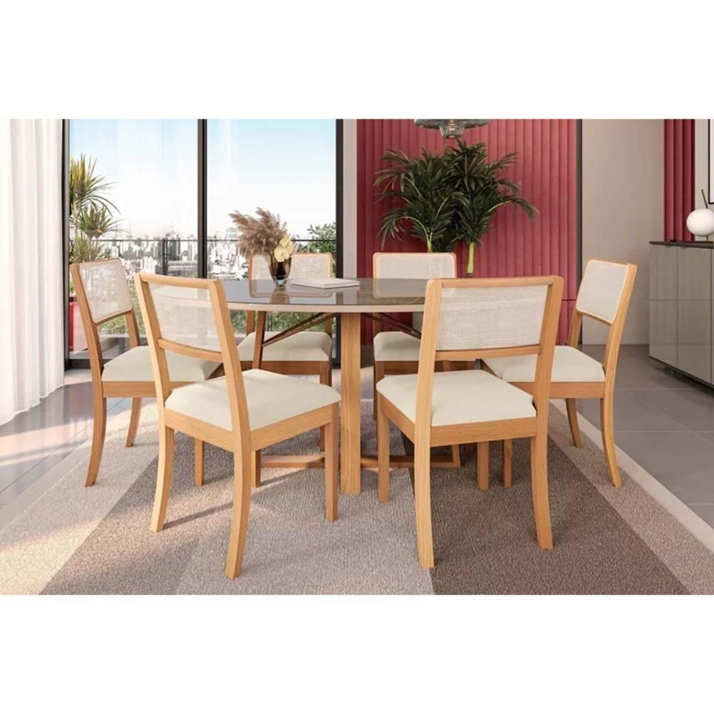 Mesa de Sala Jantar Elma Madeira Maciça c/Tampo Madeirado c/ Vidro 105x105cm Carvalho/Off White/Vidro Off White - Kappesberg - 3