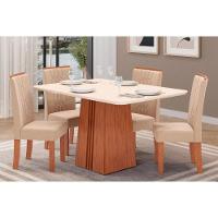 Sala de Jantar Completa Italia Tampo Madeirado c/ Vidro Curvo 170x90cm e 4 Cadeiras Zoe Freijo/Off White - Suede Creme - DJ Móveis - 1