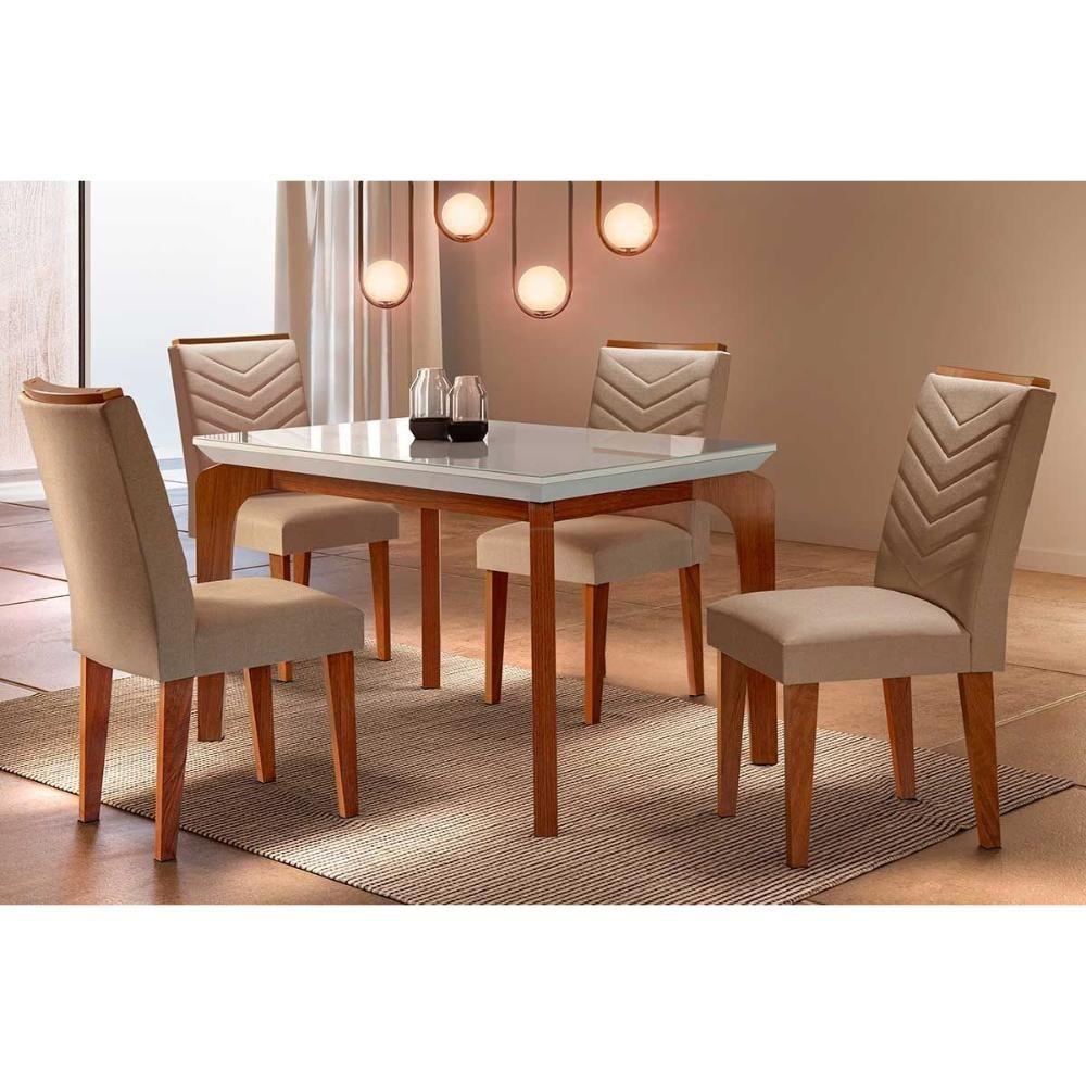 Sala de Jantar Completa Londrina Tampo Madeirado c/ Vidro Curvo 120x80 e 4 Cadeiras Londrina Imbuia/Veludo Capuccino - Rufato - 1