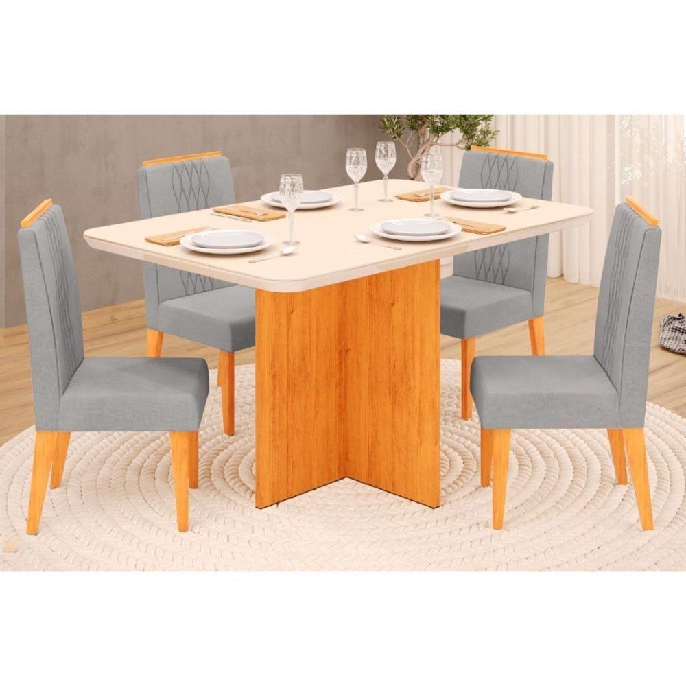 Sala de Jantar Completa Hera Tampo Madeirado c/ Vidro Reto 120x90cm e 4 Cadeiras Lia Cedro/Off White - Suede Lunar - DJ Móveis - 1