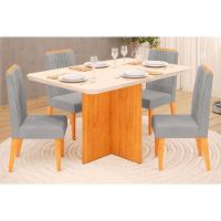 Sala de Jantar Completa Hera Tampo Madeirado c/ Vidro Reto 120x90cm e 4 Cadeiras Lia Cedro/Off White - Suede Lunar - DJ Móveis - 1