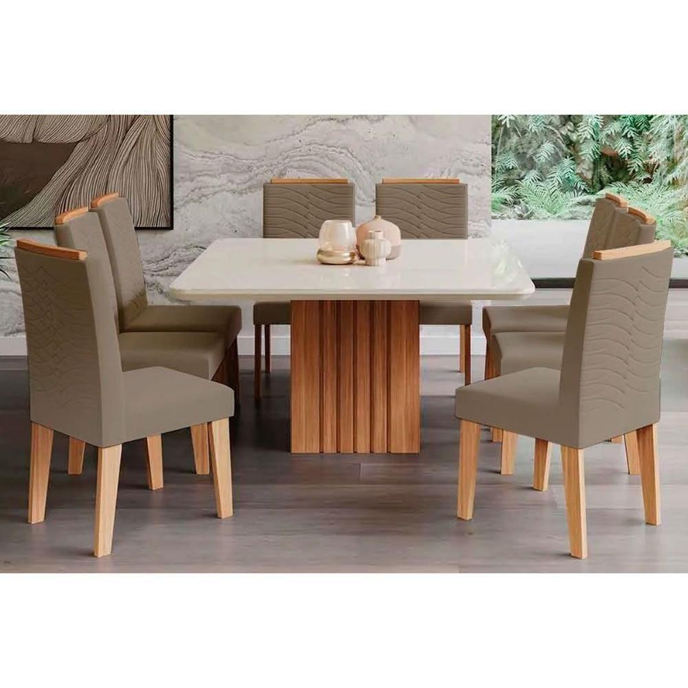 Sala de Jantar Completa Ana c/ Tampo Madeirado c/ Vidro 130x130cm e 8 Cadeiras Clarice Nature/Suede Joli Chocolate - Cimol - 1