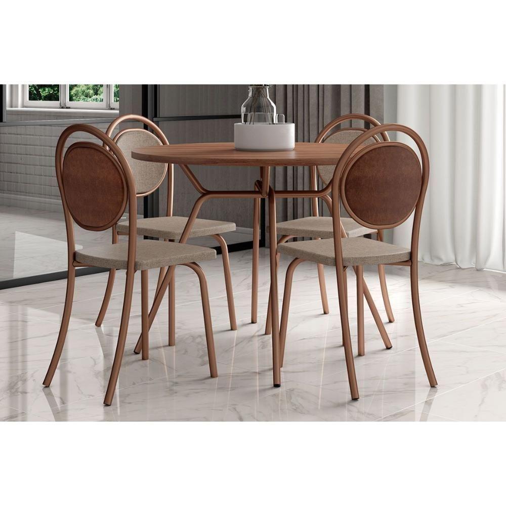 Sala de Jantar Completa 1588 c/ Tampo Madeirado 100cm e 4 Cadeiras 1738 Freijo/Rose - Cobre/Linho Areia/Courino Carame - Carraro - 1