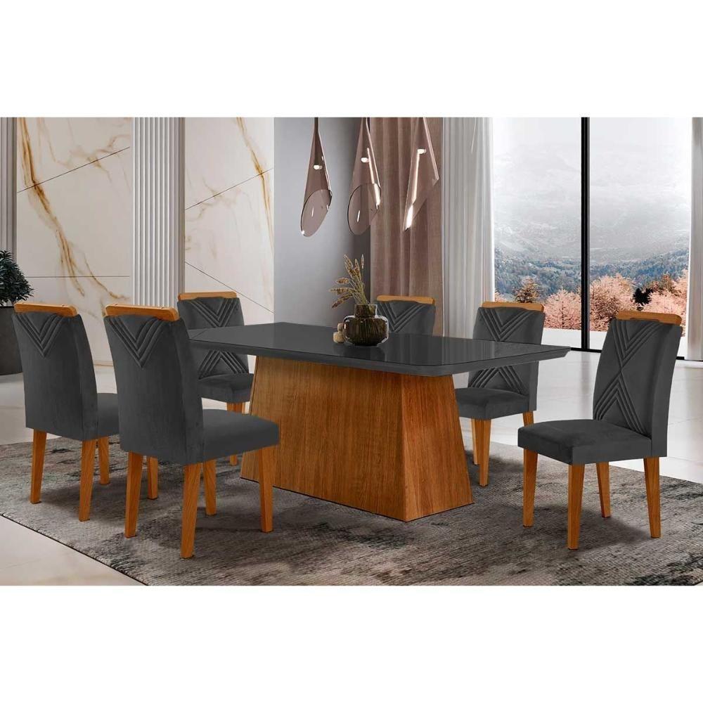 Sala de Jantar Completa Luna Tampo Madeirado c/ Vidro Canto Curvo 180x90 e 6 Cadeiras Amsterdã Imbuia/Grafite - Linho Grafite - Rufato - 1