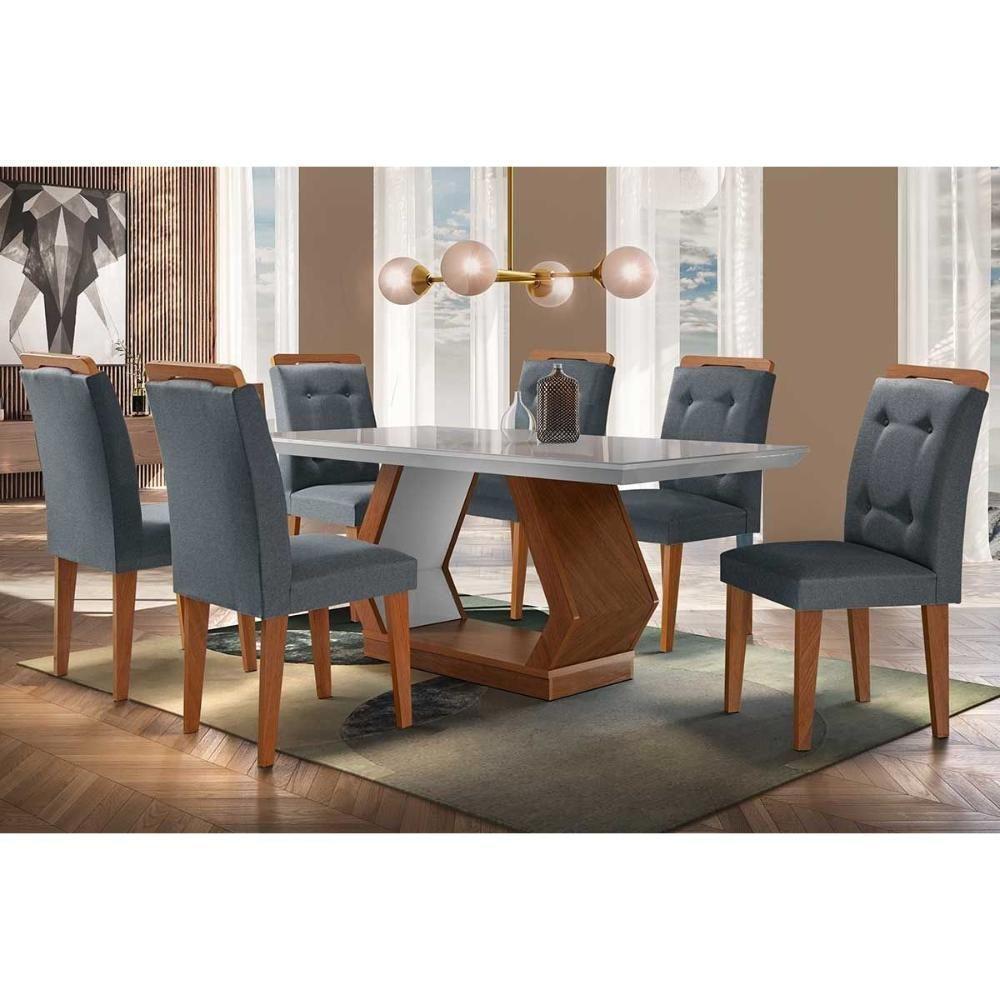 Sala de Jantar Completa Alvorada Tampo Madeirado c/ Vidro Canto Reto 180x90cm e 6 Cadeiras Imperatriz Imbuia/Off White - Veludo Grafite - Rufato - 1