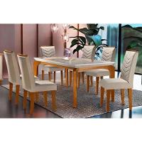 Sala de Jantar Completa Londrina Tampo Madeirado c/ Vidro Reto 180x90 e 6 Cadeiras Londrina Imbuia - Veludo Creme - Rufato - 1
