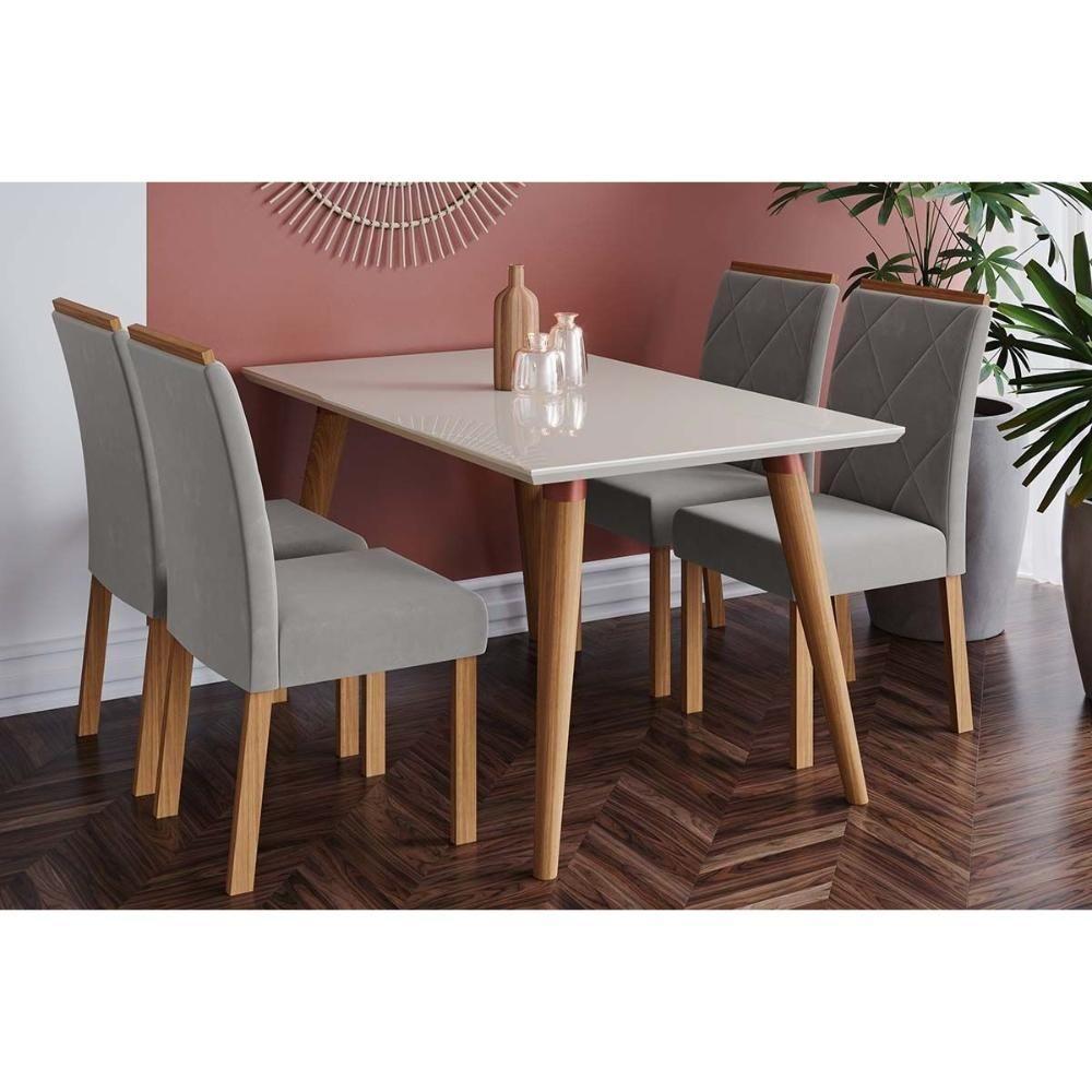 Sala de Jantar Completa Adele Madeira Maciça Tampo Madeirado c/ Vidro 130x80cm e 4 Cadeiras Fernanda Madeira/Off White - Linho Grafite - Cimol - 1