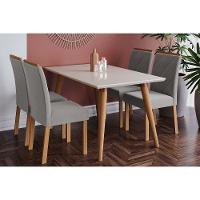 Sala de Jantar Completa Adele Madeira Maciça Tampo Madeirado c/ Vidro 130x80cm e 4 Cadeiras Fernanda Madeira/Off White - Linho Grafite - Cimol - 1