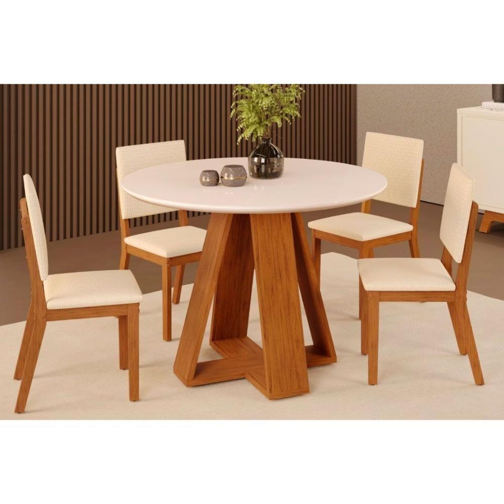 Sala de Jantar Completa Celeste Tampo Madeirado c/ Vidro Redondo 103x103cm e 4 Cadeiras Talia Freijo/Off White - Suede Creme - DJ Móveis - 1