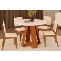 Sala de Jantar Completa Celeste Tampo Madeirado c/ Vidro Redondo 103x103cm e 4 Cadeiras Talia Freijo/Off White - Suede Creme - DJ Móveis - 1