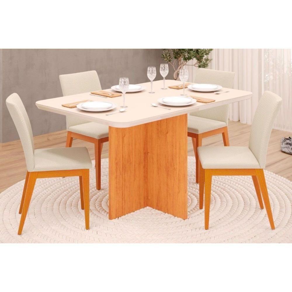 Sala de Jantar Completa Hera Tampo Madeirado c/ Vidro 120x90cm e 4 Cadeiras Vitória Cedro/Off White - Ipe/Linho Neve - DJ Móveis - 1