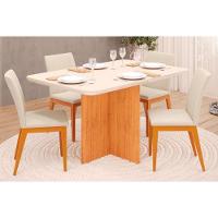 Sala de Jantar Completa Hera Tampo Madeirado c/ Vidro 120x90cm e 4 Cadeiras Vitória Cedro/Off White - Ipe/Linho Neve - DJ Móveis - 1