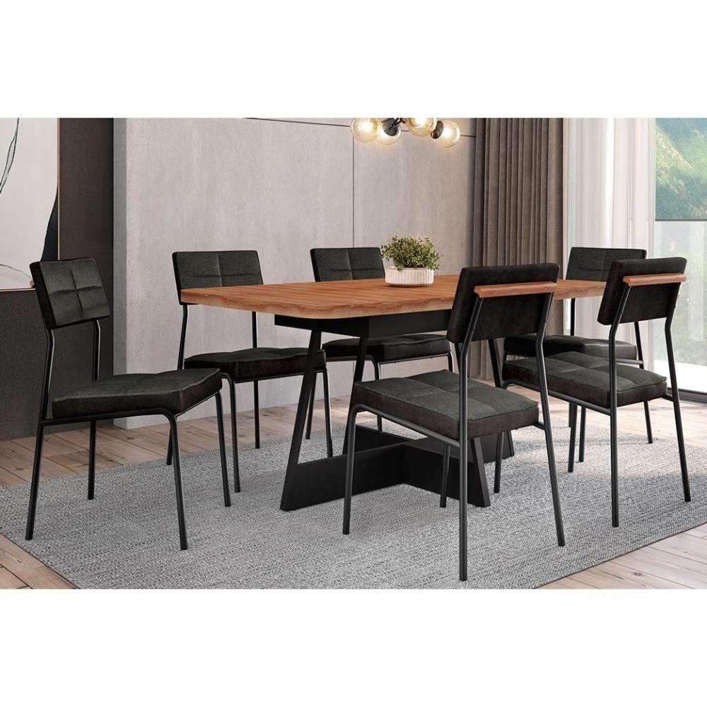 Sala de Jantar Completa Átria 1592 Aço c/ Tampo Madeirado 160x90cm e 6 Cadeiras Neo Preto/Nogal - Preto/Grafite - Preto - Carraro - 1