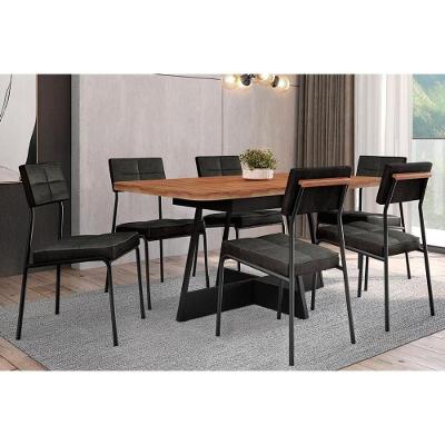 Sala de Jantar Completa Átria 1592 Aço c/ Tampo Madeirado 160x90cm e 6 Cadeiras Neo Preto/Nogal - Preto/Grafite - Preto - Carraro