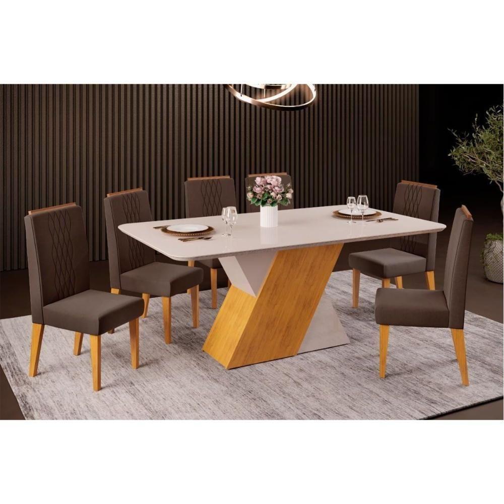 Sala de Jantar Completa Rubi Tampo Madeirado c/ Vidro Curvo 170x90cm e 6 Cadeiras Lia Cedro/Off White/Off White - Suede Moca - DJ Móveis - 1