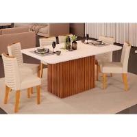 Sala de Jantar Completa Canes Tampo Madeirado c/ Vidro Curvo 170x90cm e 6 Cadeiras Julia Cedro/Off White - Linho Neve - DJ Móveis - 1