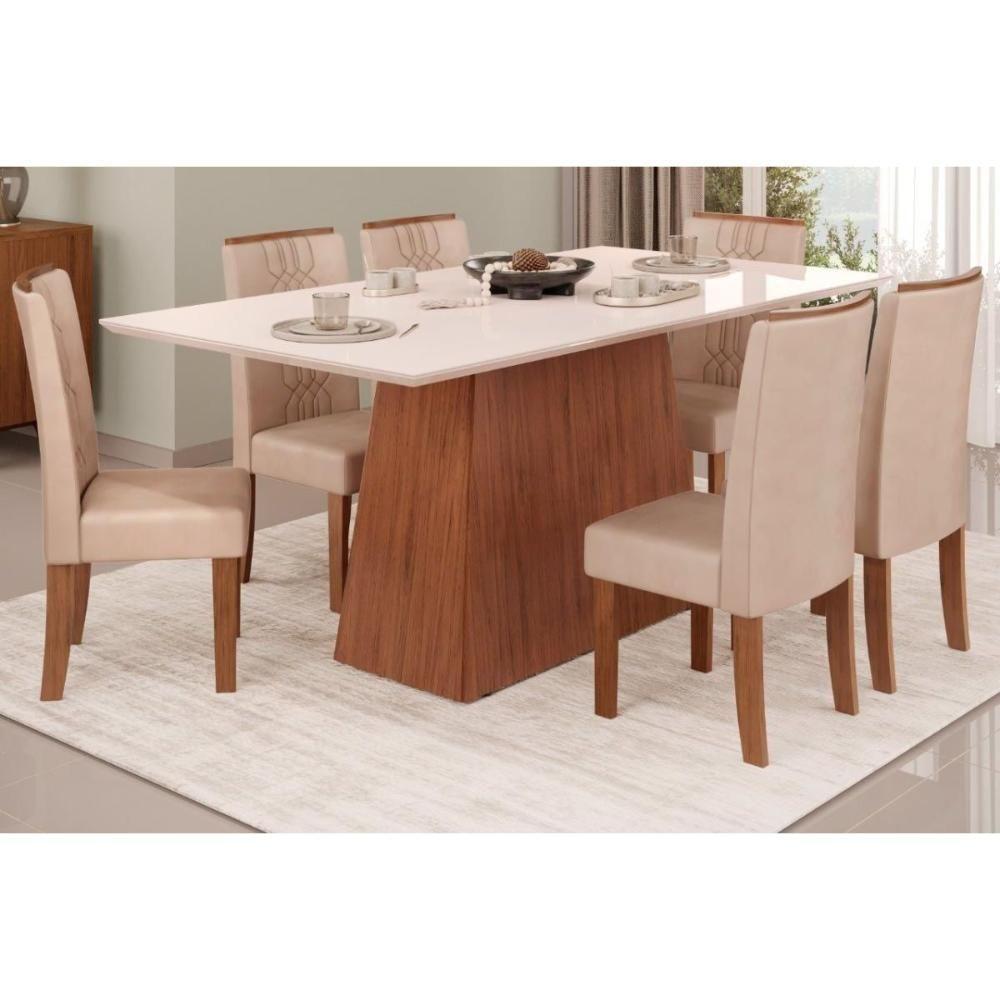 Sala de Jantar Completa Dulce Tampo Madeirado c/ Vidro Reto 180x90cm e 6 Cadeiras Zoe Freijo/Off White - Suede Creme - DJ Móveis - 1