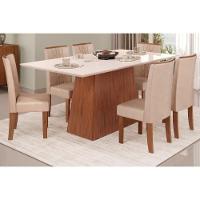 Sala de Jantar Completa Dulce Tampo Madeirado c/ Vidro Reto 180x90cm e 6 Cadeiras Zoe Freijo/Off White - Suede Creme - DJ Móveis - 1