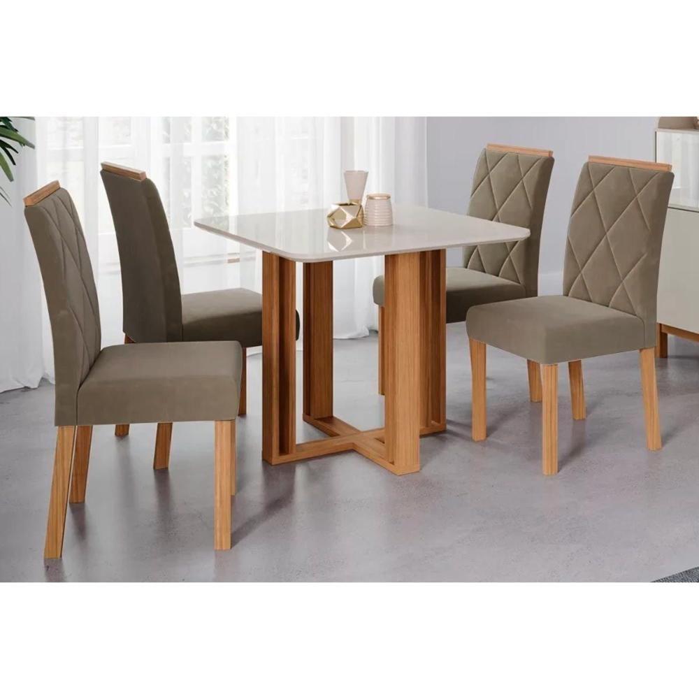 Sala de Jantar Completa Flora c/ Tampo Madeirado c/ Vidro 95x95cm e 4 Cadeiras Fernanda Madeirado/Suede Joli Capuccino - Cimol - 1