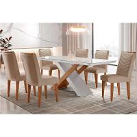 Sala de Jantar Completa Imperatriz Tampo Madeirado c/ Vidro Canto Curvo 180x90 e 6 Cadeiras Londrina Imbuia/Off White - Suede Capuccino - Rufato - 1