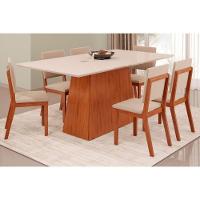 Sala de Jantar Completa Dulce Tampo Madeirado c/ Vidro Reto 180x90cm e 6 Cadeiras Talia Freijo/Off White - Suede Creme - DJ Móveis - 1