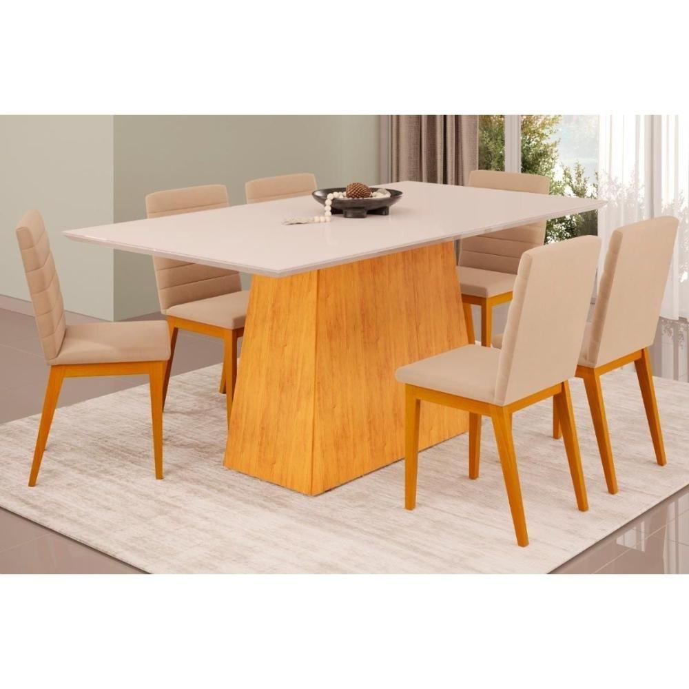 Sala de Jantar Completa Dulce Tampo Madeirado c/ Vidro Reto 180x90cm e 6 Cadeiras Sofia Cedro/Off White - Ipe/Suede Creme - DJ Móveis - 1