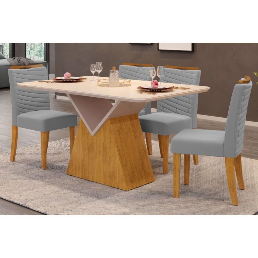 Sala de Jantar Completa Argo Tampo Madeirado c/ Vidro Curvo 136x90cm e 4 Cadeiras Julia Cedro/Off White - Suede Lunar - DJ Móveis - 1