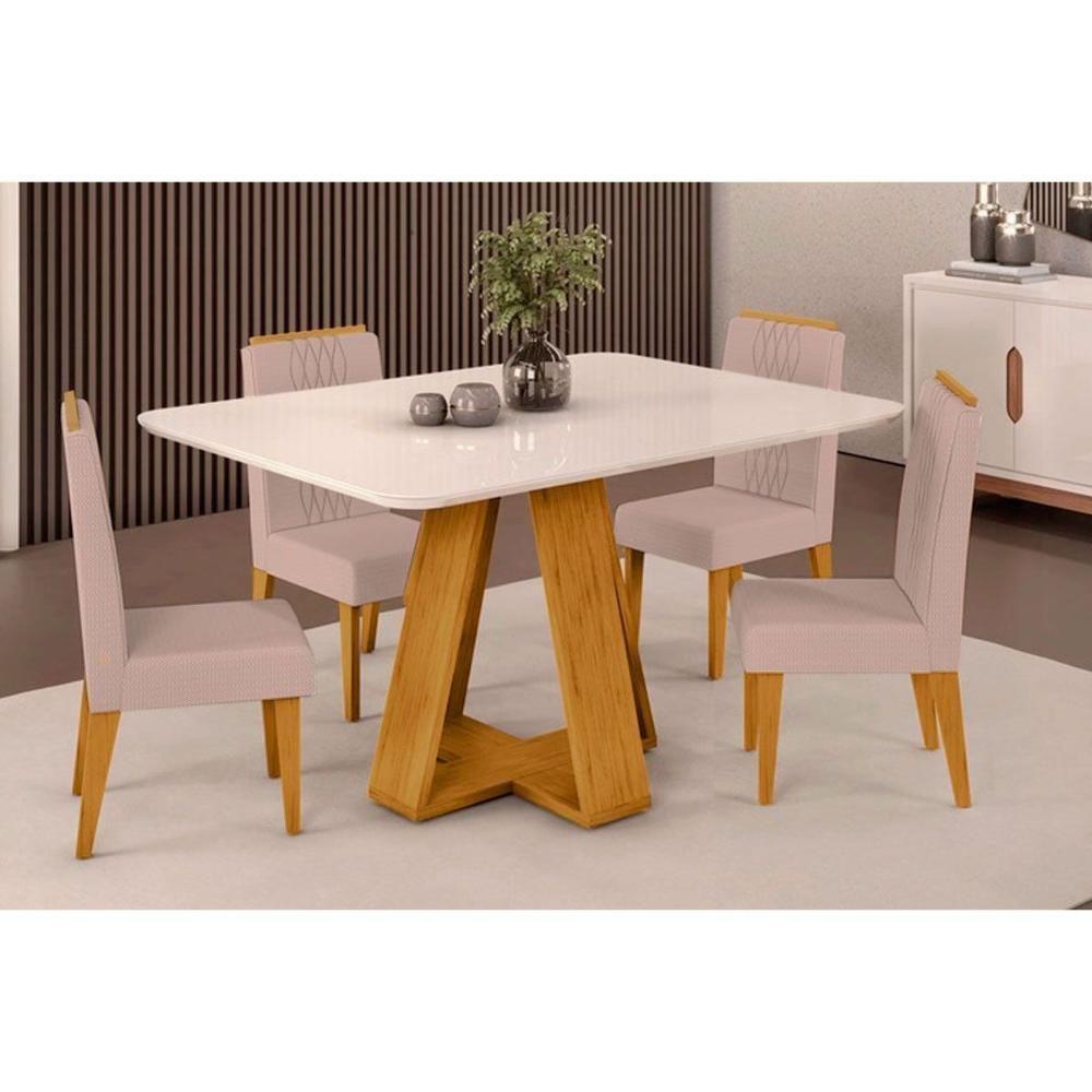 Sala de Jantar Completa Celeste Tampo Madeirado c/ Vidro Curvo 120x90cm e 4 Cadeiras Lia Cedro/Off White - Suede Kraft - DJ Móveis - 1