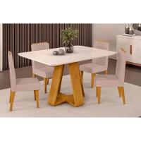 Sala de Jantar Completa Celeste Tampo Madeirado c/ Vidro Curvo 120x90cm e 4 Cadeiras Lia Cedro/Off White - Suede Kraft - DJ Móveis - 1