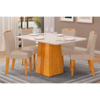 Sala de Jantar Completa Italia Tampo Madeirado c/ Vidro 120x90cm e 4 Cadeiras Julia Cedro/Off White - Suede Kraft - DJ Móveis - 1