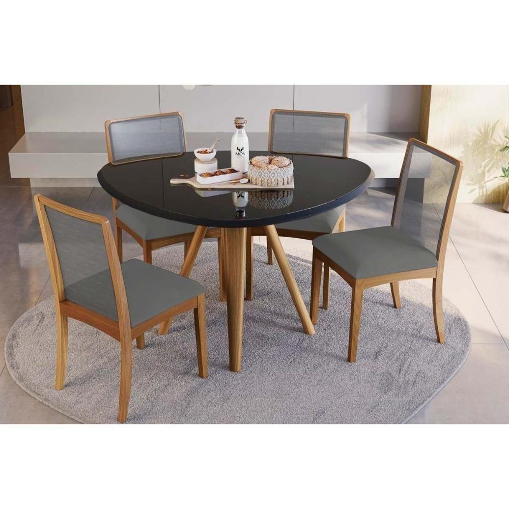 Sala de Jantar Completa Duna Tampo Madeirado c/ Vidro 135x105cm e 4 Cadeiras Lara Carvalho/Preto fosco/Vidro preto - Linho Cinza - Kappesberg - 1