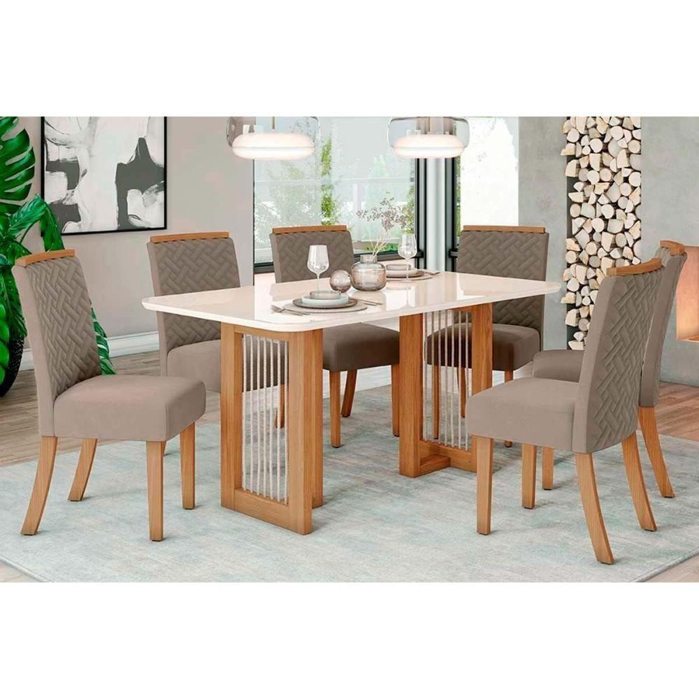 Sala de Jantar Completa Yara c/ Tampo Madeirado c/ Vidro Reto 160x90cm e 6 Cadeiras Malu Nature/Suede Light Marrom Amendoa - Henn - 1