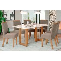 Sala de Jantar Completa Yara c/ Tampo Madeirado c/ Vidro Reto 160x90cm e 6 Cadeiras Malu Nature/Suede Light Marrom Amendoa - Henn - 1