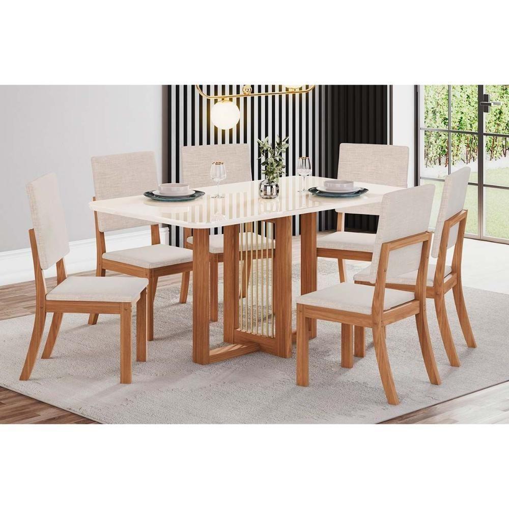 Sala de Jantar Completa Natalí c/ Tampo Madeirado c/ Vidro Curvo 160x90cm e 6 Cadeiras Milla Nature/Veludo Light Linho - Henn - 1