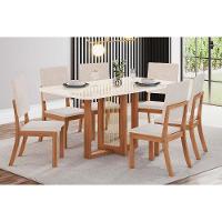 Sala de Jantar Completa Natalí c/ Tampo Madeirado c/ Vidro Curvo 160x90cm e 6 Cadeiras Milla Nature/Veludo Light Linho - Henn - 1