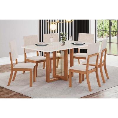 Sala de Jantar Completa Natalí c/ Tampo Madeirado Reto s/ Vidro 160x90cm e 6 Cadeiras Milla Nature/Veludo Light Linho - Henn