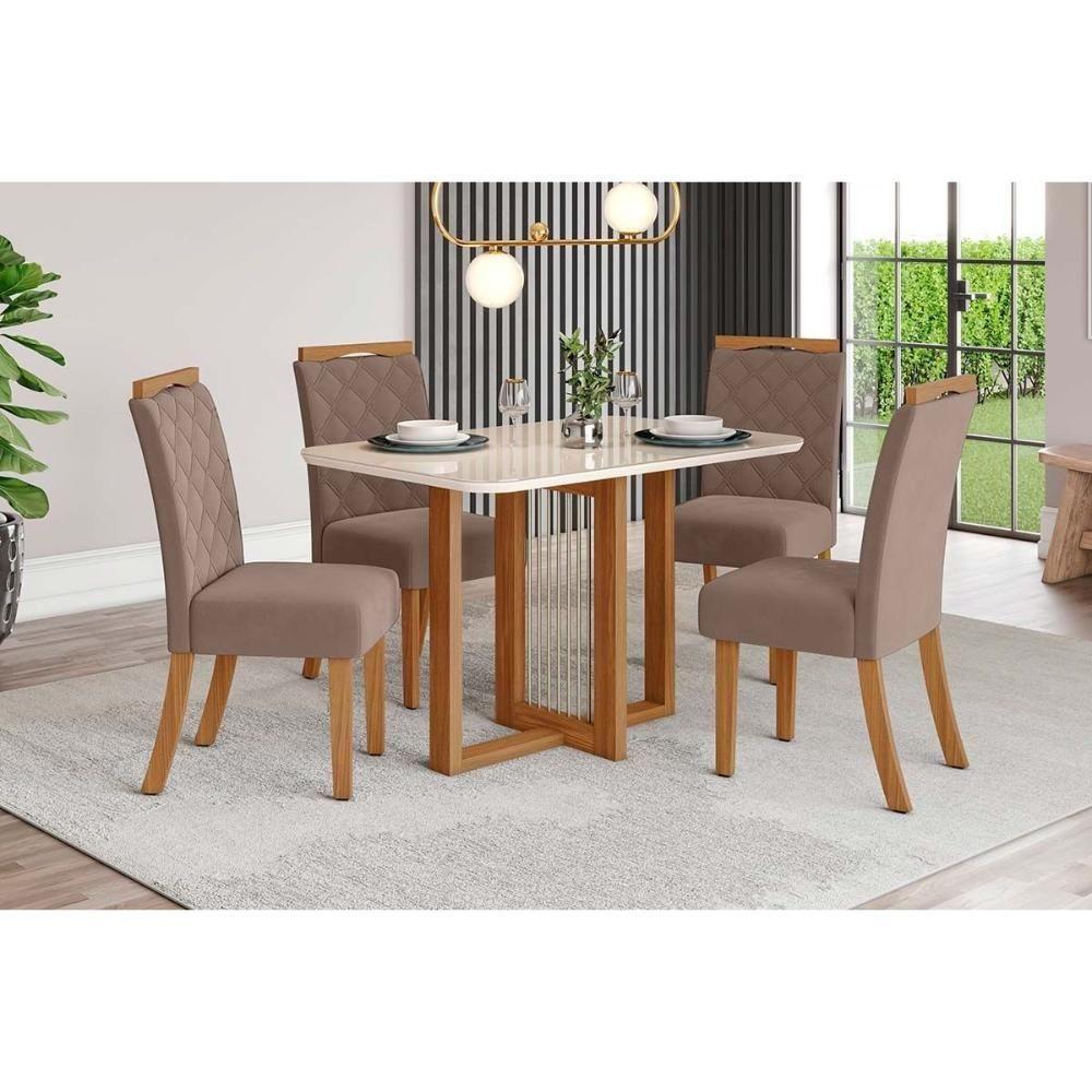 Sala de Jantar Completa Natalí c/ Tampo Madeirado c/ Vidro Curvo 120x80cm e 4 Cadeiras Bella Nature/Marrom Amêndoa - Henn - 1