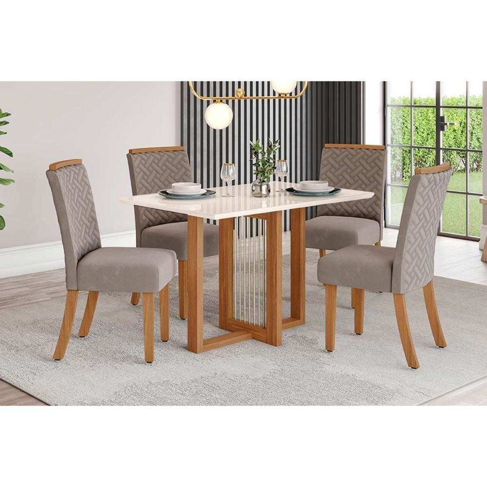 Sala de Jantar Completa Natalí c/ Tampo Madeirado c/ Vidro Reto 120x80cm e 4 Cadeiras Malu Nature/Suede Light Marrom Amendoa - Henn - 1
