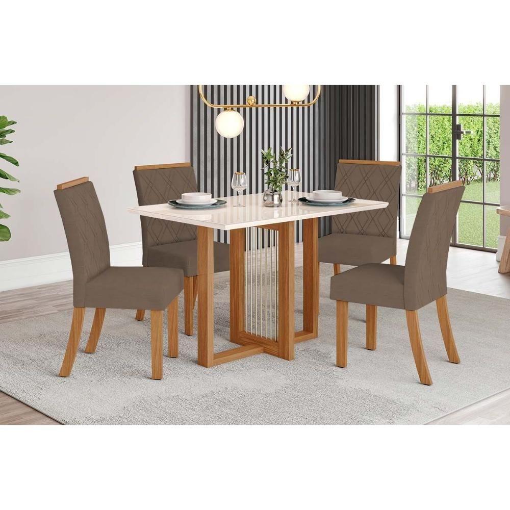 Sala de Jantar Completa Natalí c/ Tampo Madeirado c/ Vidro Reto 120x80cm e 4 Cadeiras Vita Nature/Suede Light Bege - Henn - 1
