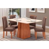 Sala de Jantar Completa Italia Tampo Madeirado c/ Vidro Curvo 170x90cm e 4 Cadeiras Zoe Freijo/Off White - Suede Moca - DJ Móveis - 1