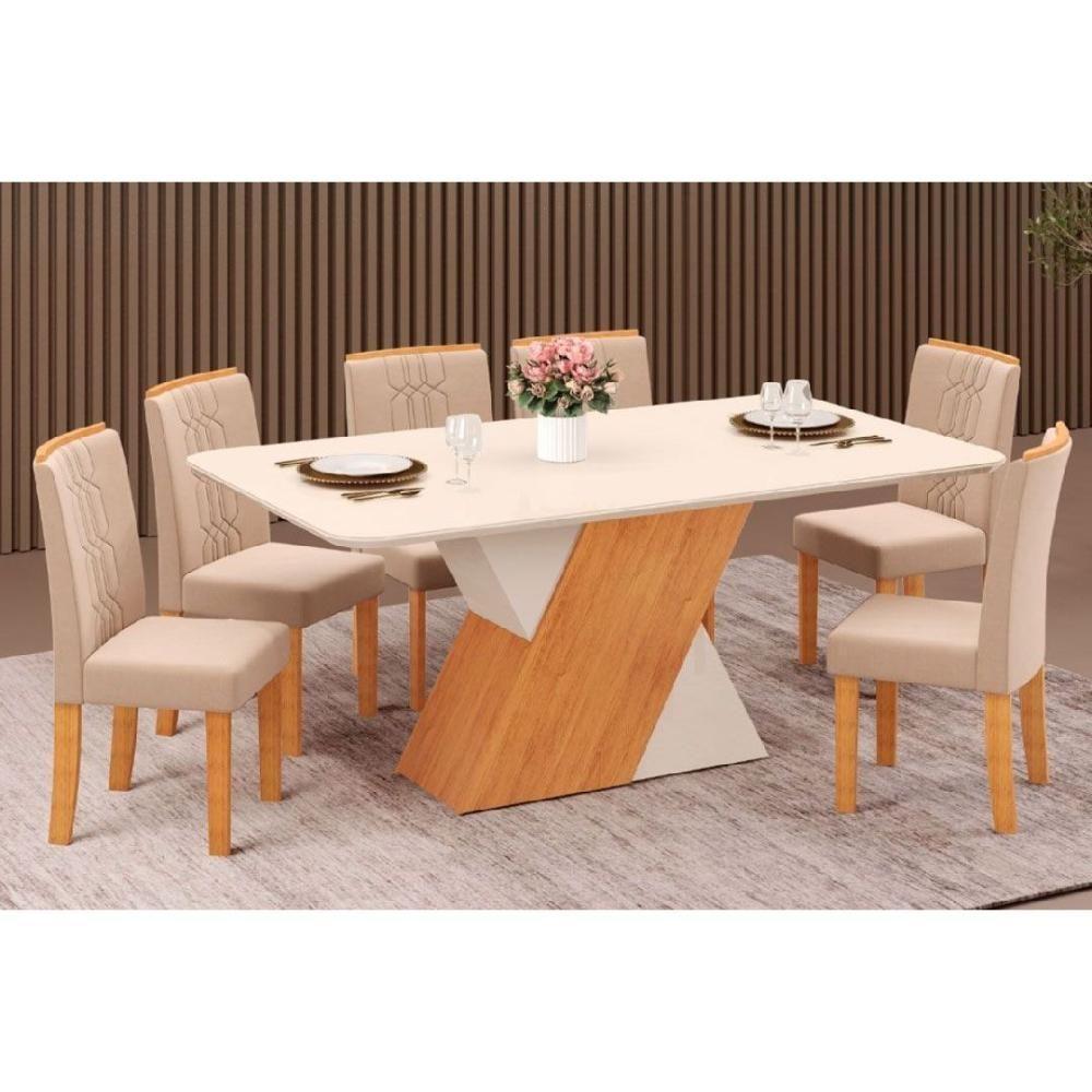 Sala de Jantar Completa Rubi Tampo Madeirado c/ Vidro Curvo 170x90cm e 6 Cadeiras Zoe Cedro/Off White/Off White - Suede Creme - DJ Móveis - 1