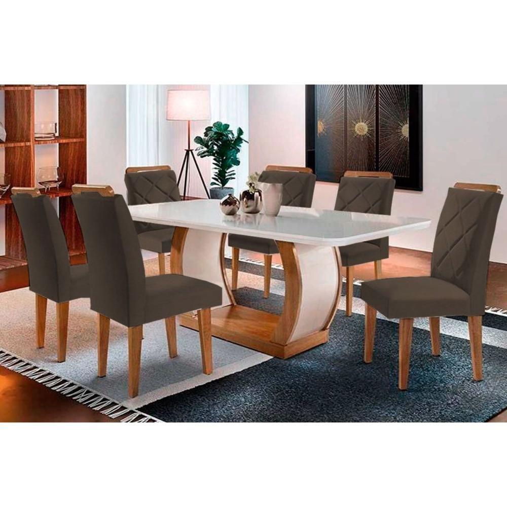 Sala de Jantar Completa Jade Tampo Madeirado c/ Vidro Curvo 180x90 e 6 Cadeiras Melissa Capuccino/Suede Capuccino - Rufato - 1