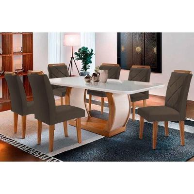 Sala de Jantar Completa Jade Tampo Madeirado c/ Vidro Curvo 180x90 e 6 Cadeiras Melissa Capuccino/Suede Capuccino - Rufato