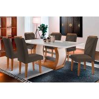 Sala de Jantar Completa Jade Tampo Madeirado c/ Vidro Curvo 180x90 e 6 Cadeiras Melissa Capuccino/Suede Capuccino - Rufato - 1